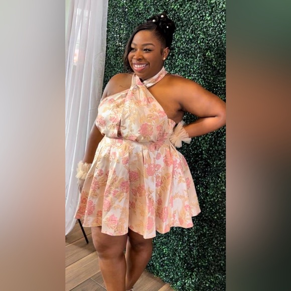 ASOS LUXE Curve Halter Swing Dress Size 18 Metallic Pink Gold Jacquard Floral - Picture 2 of 10